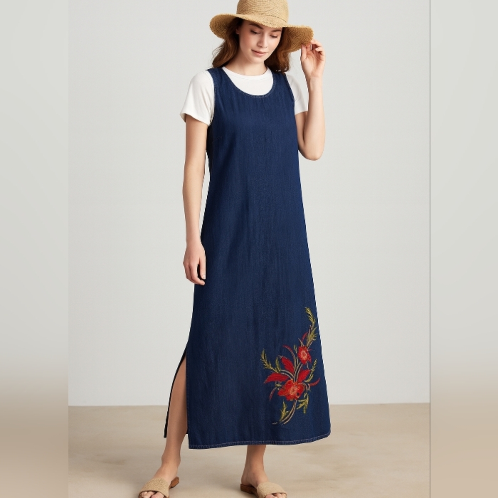 90's Studio Ease Denim Embroidered Floral Jean Dress 10